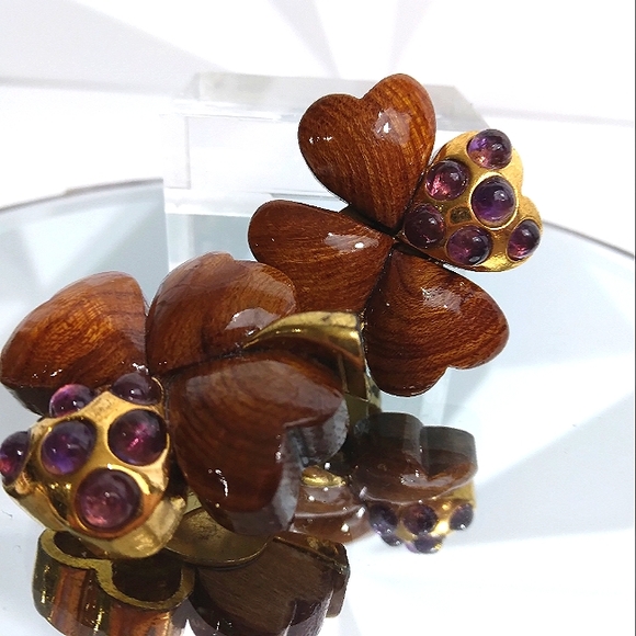 Exceptional L’OREE du BOIS France 18k Wood Amethyst 4 Leaf Clover Earrin… - Picture 4 of 5